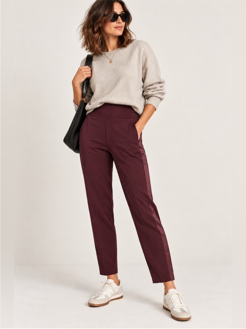 Athleta Endless Satin Side Stripe Pant Spiced Cabernet Pull On Ankle Trouser 10